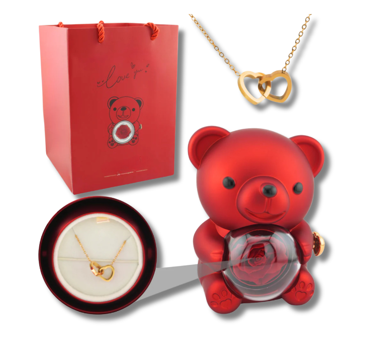 Rose Bear W/ Forever Rose & Heart Necklace