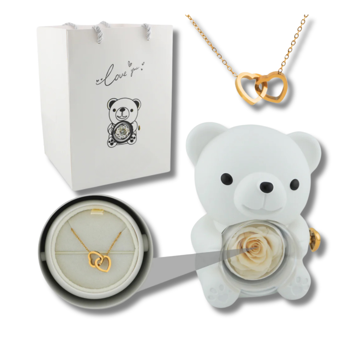 Rose Bear W/ Forever Rose & Heart Necklace