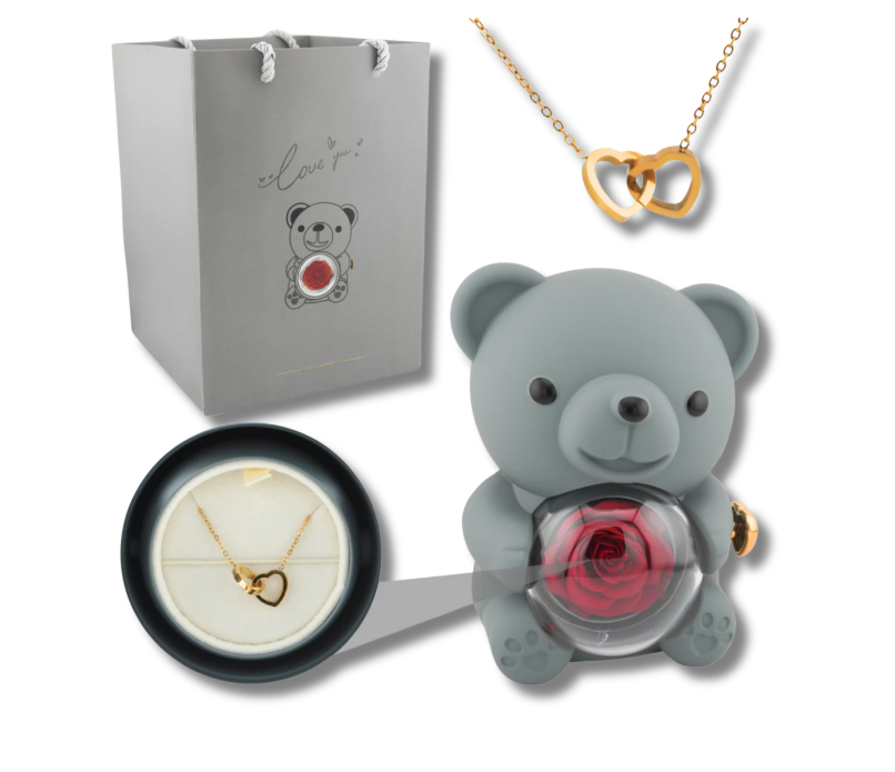 Rose Bear W/ Forever Rose & Heart Necklace