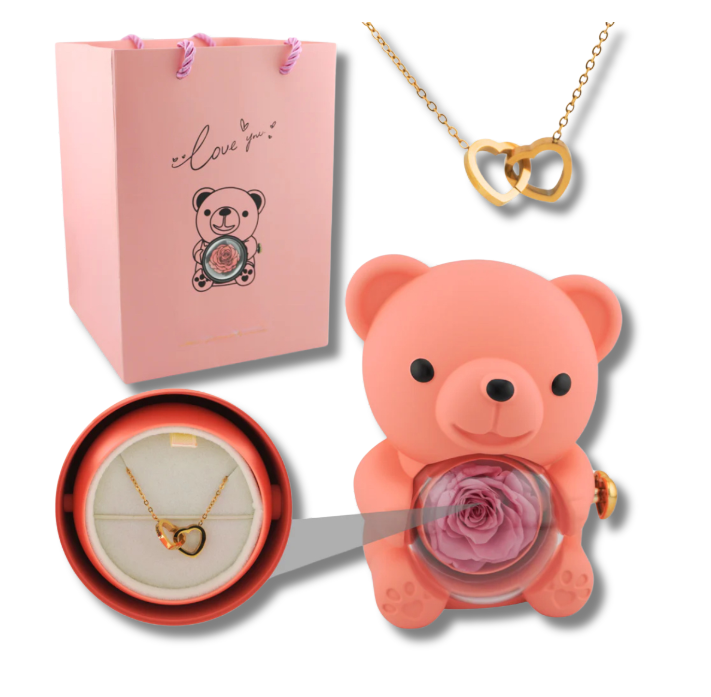 Rose Bear W/ Forever Rose & Heart Necklace