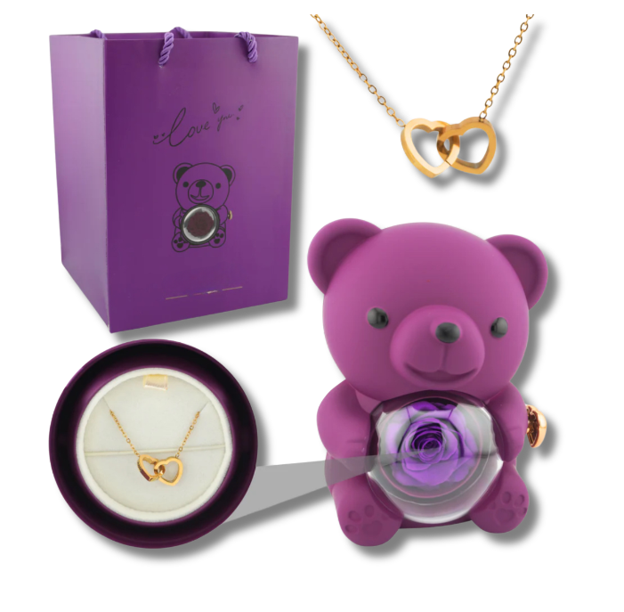 Rose Bear W/ Forever Rose & Heart Necklace