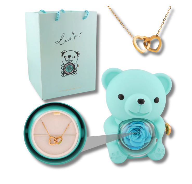 Rose Bear W/ Forever Rose & Heart Necklace