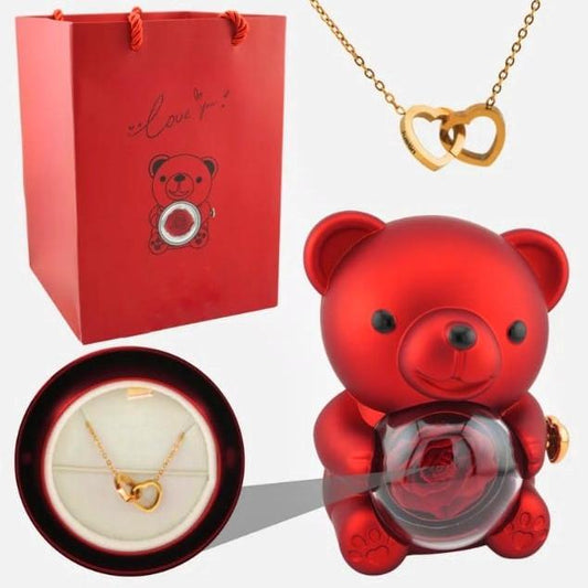 Rose Bear W/ Forever Rose & Heart Necklace